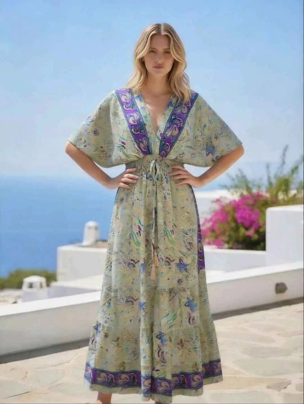 Imported From Italy Silk 7aBoho V-Neck Maxi Dress in Sage Green with Purple Trim
